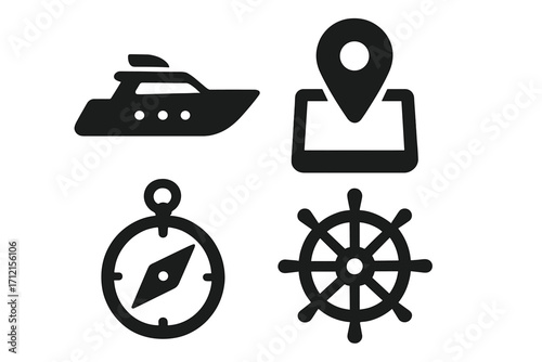 Marine navigation icon set. Solid vector glyphs of a yacht, boat, ship's helm, rudder, compass, and GPS map pin. Maritime travel and boating concept symbols collection.