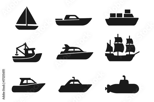 Boat and ship silhouette icon set. Marine nautical sailing symbols collection. Vector illustration of various water transport like yacht, sailboat, cargo ship, and submarine.