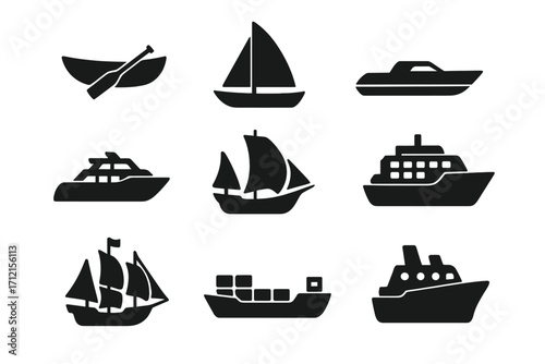 Boat and ship silhouette icon set. Marine, nautical, sailing symbols. Vector cartoon illustration of different watercraft like sailboat, yacht, cruise and cargo ship.