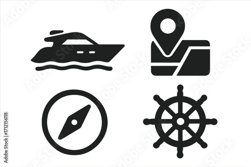 Boating and navigation icon set. Marine solid glyphs collection. Yacht, GPS map, compass, ship wheel symbols. Vector illustration for sea travel, sailing and maritime concept.