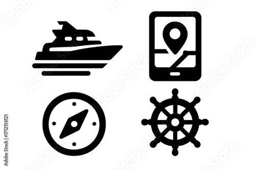 Boating and navigation solid icon set. Vector glyph collection with yacht, ship's wheel, compass, and GPS map for marine travel. Maritime symbols for a sea journey.