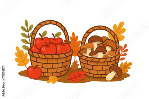 Vector cartoon set of autumn harvest baskets. Wicker basket full of fresh red apples and another with wild porcini mushrooms. Seasonal fall food. Isolated illustration.