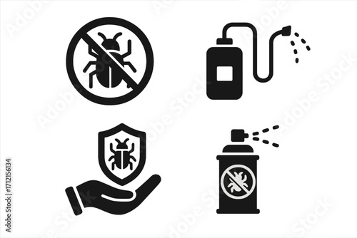 Pest control solid icon set. Bug prevention and insect management glyph collection. Vector symbols for extermination, disinfection service, protection, and repellent spray.