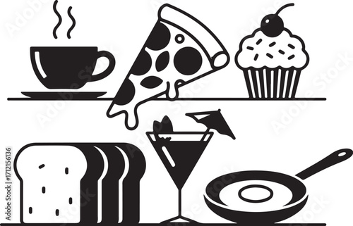 Delicious food icons: pizza, coffee, cake, bread, drink, pan