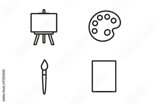 Art supplies line icon set with easel, canvas, paint palette, and brush. Simple outline pictograms for drawing, painting, and creative hobbies. Vector artist tools collection.