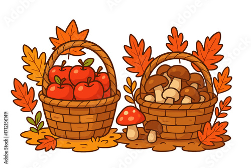 Autumn harvest cartoon illustration. Baskets with red apples and porcini mushrooms. Seasonal fall food set with colorful leaves. Vector graphic for thanksgiving or market.