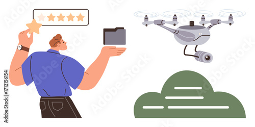 Man providing five-star rating, holding folder. Surveillance quadcopter flying near digital cloud. Ideal for technology, data security, customer feedback, AI, innovation privacy cloud storage. Simple