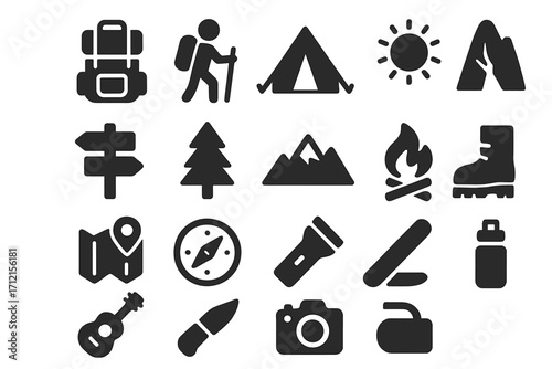 Camping and hiking solid icon set. Outdoor adventure and travel symbols collection. Vector glyph pictograms for exploration, trekking, and tourism. Backpack, tent, campfire.