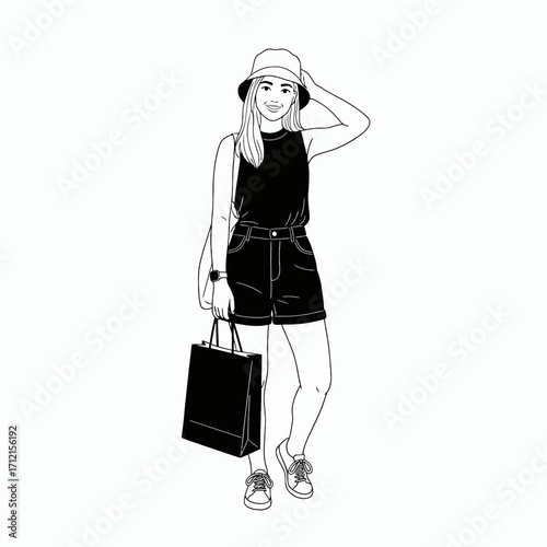Shopping Adventure, Young Woman, Urban Setting, Illustration, Casual Atmosphere, Eye-Level View, Fashion Concept
