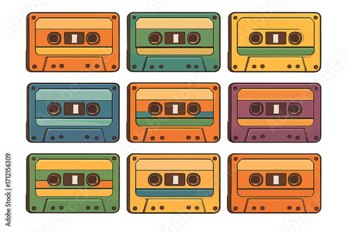 Set of retro cassette tapes. Colorful vintage audio music tapes from the 80s and 90s. Old school pop culture nostalgia concept. Vector cartoon illustration icon collection.