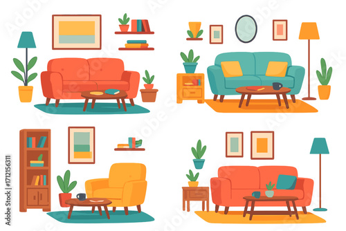 Set of colorful living room interiors with modern furniture. Cozy home decor scenes with sofa, armchair, plants. Flat design cartoon vector illustration collection.