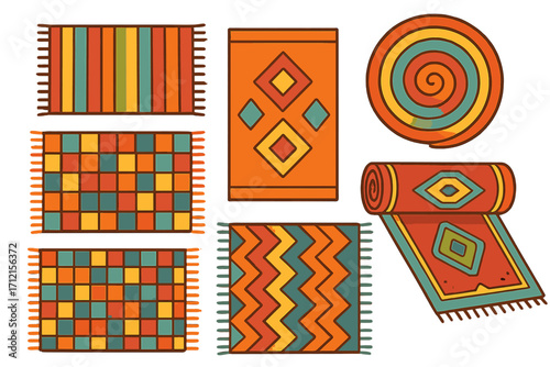 Vector set of colorful woven rugs. Cartoon illustration of carpets with various geometric, ethnic patterns. Decorative floor coverings and textile mats for home decor inspiration.