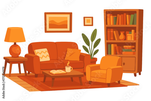 Cozy living room interior with furniture. Modern home setting with sofa, armchair, bookshelf. Hygge concept. Cartoon vector illustration isolated on transparent background.