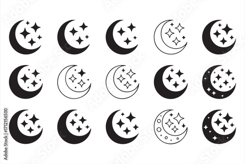 Moon and stars vector icons set with crescent night sky and celestial design symbols