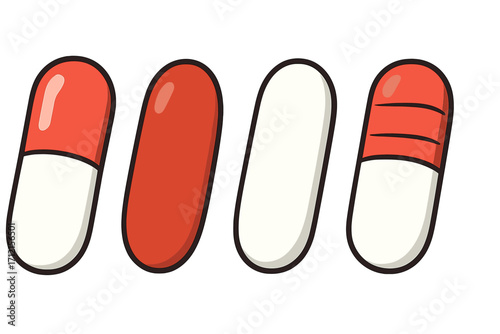 Set of pharmaceutical capsules and pills for medical treatment. Vector cartoon illustration of drug variations. Health care and pharmacy concept icons for medicine design.