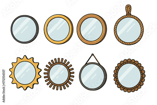 Vector set of round wall mirrors. Collection of decorative interior mirrors with wooden, golden, metal, and rope frames. Home decor furniture elements. Flat cartoon illustration.