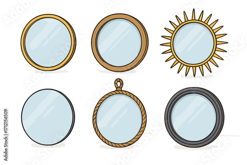 Set of round mirrors with various frames. Vector cartoon collection of decorative home interior elements. Gold, wood, sun, and rope frames. Wall decor furniture illustration.