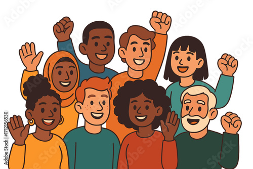 Diverse group of people celebrating unity and community engagement. Multicultural crowd protesting for rights and empowerment. Vector cartoon illustration of social movement.