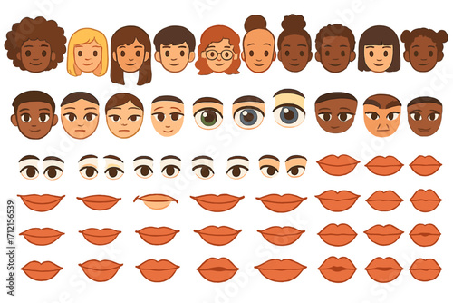 Character constructor kit for avatar creation. Diverse cartoon face parts set with different hairstyles, eyes, lips. Vector head generator for animation, emoji, or profile picture.