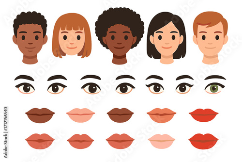 Character constructor kit. Diverse cartoon avatar creation set. Vector collection of heads, eyes, lips, and hairstyles for mix and match character design. Multicultural faces.