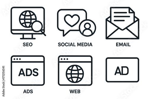 Digital marketing outline icon set. Seo, social media, email, ads, web icons collection. Online business promotion, advertising strategy concept. Vector linear symbols for ui.