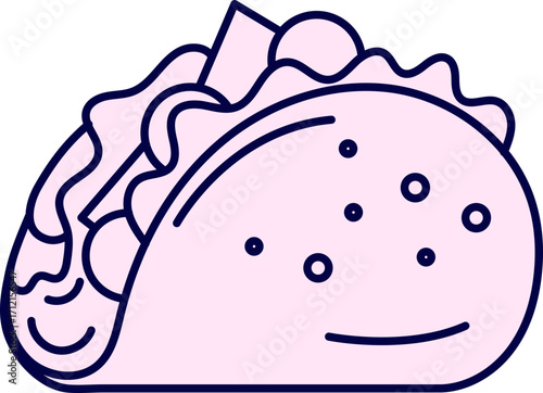 Cute stylized taco illustration with pink fill and dark blue outlines on black