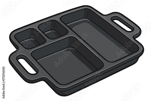 Cast iron baking tray with sections. Versatile cooking serving pan with compartments. Kitchen cookware dish for oven grill, meal prep, bento lunch, portion control. Vector.