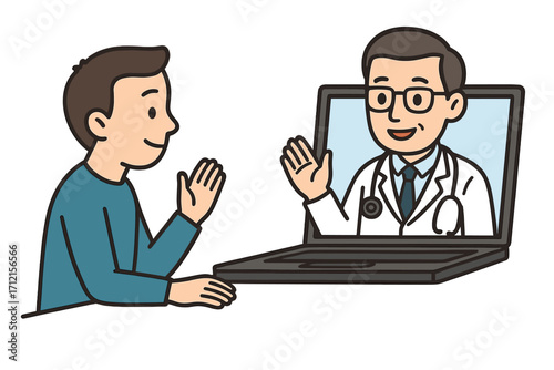 Telemedicine concept with doctor and patient. Virtual consultation via video call on laptop. Online medical advice. Healthcare technology. E-health appointment. Vector cartoon.