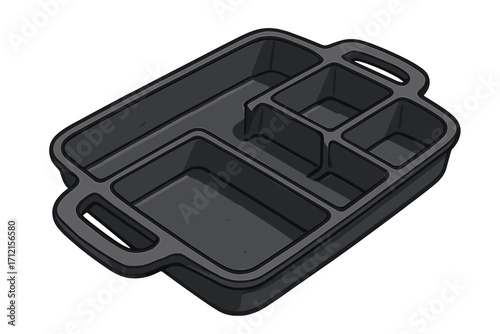 Cast iron baking tray with sections. Kitchen cookware for versatile cooking. Meal prep container. Serving dish with compartments. Heavy duty oven pan for portion control.