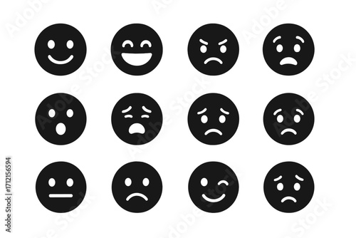 Emoji expression solid icon set. Faces and emotions collection for communication. Vector cartoon illustration. Customer feedback, satisfaction level, mood rating symbols.