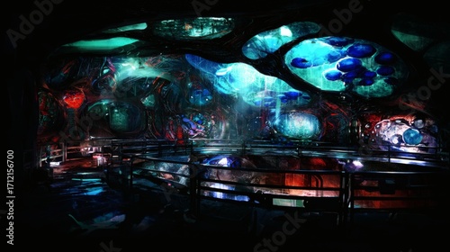 Fototapeta Naklejka Na Ścianę i Meble -  The organic, flowing interior of a futuristic space station with bioluminescent plants.