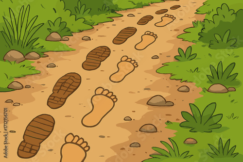 Barefoot and shoe prints on a hiking trail. Metaphor for different lifestyles, choices, or social status walking the same path. Journey together concept. Vector cartoon.