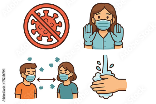 Pandemic prevention icon set. Health safety symbols for infectious disease. Vector of face mask, social distancing, hand washing, stop coronavirus cartoon illustration.
