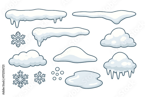 Set of vector snow elements. Snow caps, snowdrifts and icicles. Winter design collection. Frozen ice and snow decoration for holiday design. Cartoon snowflake and frost symbols.