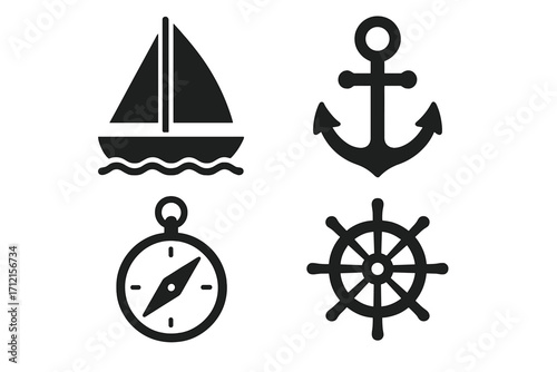 Marine navigation solid icon set. Includes yacht, sailboat, anchor, compass, and ship's helm. Nautical vector glyph collection for sea travel, sailing, and boating concepts.