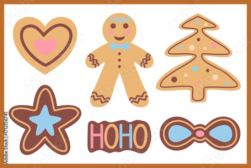 Cute Christmas Gingerbread Cookies clipart.Winter sweet homemade biscuits. Beautiful elements modern colorful style.New Year ornament isolate. Design for happy holiday decorate,Xmas festival.Hand draw