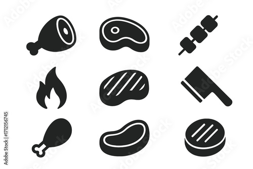 Meat and steak solid icon set. BBQ, grilled beef, pork, and chicken icons solid collection. Vector glyph illustration for butcher shop, restaurant menu, and barbecue.