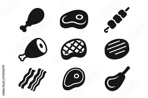 Meat and steak solid icon set. BBQ, grilled beef, pork, and chicken icons glyph collection. Vector illustration for butcher shop menu, barbecue party, and food design.