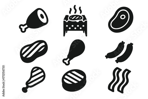 Meat and steak solid icon set for bbq and grilling. Vector glyph collection with beef, pork, chicken, sausage, and bacon. Perfect for butcher menu or restaurant design.