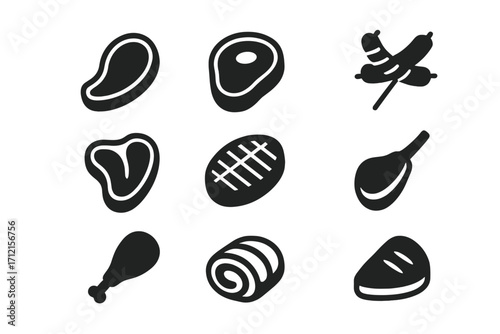 Meat and steak solid glyph icon set. Beef, pork, chicken drumstick, and sausage icons. BBQ, grill, and butchery food symbols. Vector silhouette collection for menu.