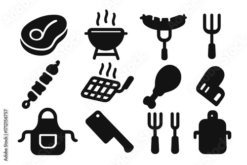 Grilling and BBQ solid icon set. Barbecue meat cooking vector glyph collection. Includes steak, sausage, chicken, grill, kitchen tools, and skewer silhouette symbols.
