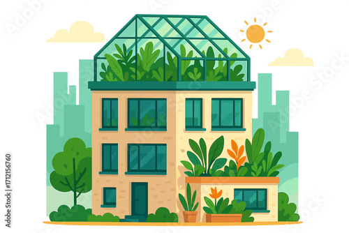 Green building with rooftop greenhouse and vertical garden. Eco friendly house in city. Sustainable architecture concept. Urban ecology and biophilic design vector illustration.