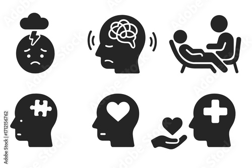 Mental health solid icon set. Psychology, stress, anxiety, depression, therapy, wellness concept. Mind, emotion, support, counseling, treatment vector pictograms for web.