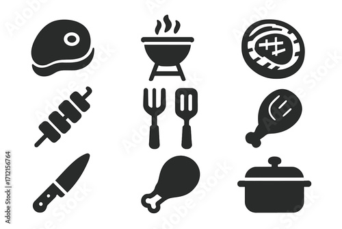 Meat cooking solid glyph icon set. BBQ, grilling, and kitchen tools silhouette icons collection. Barbecue party vector pictograms. Includes steak, chicken leg, kebab, and grill.