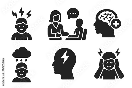 Mental health glyph icon set. Psychology, stress, anxiety, depression symbols. Psychotherapy session, mental wellness, headache and sad emotion vector pictograms.