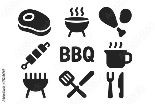 BBQ grill solid icon set. Barbecue cooking concept glyph pictograms. Meat steak, chicken leg, kebab skewer, kitchen tools, and cutlery vector illustration collection.