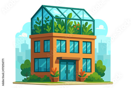 Modern eco building with rooftop garden. Urban farming in city greenhouse. Sustainable architecture concept. Green house with plants vector illustration for ecology future.