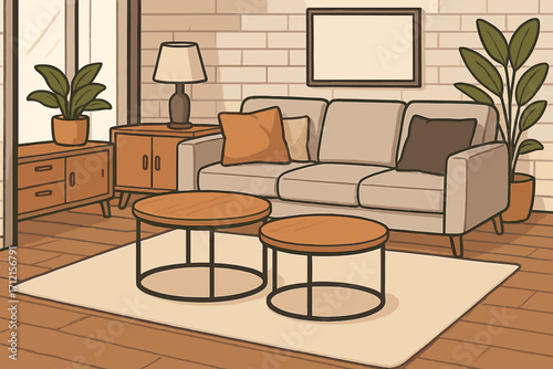 Cozy living room interior with modern furniture. Japandi hygge style home decor scene with sofa, round coffee tables, and houseplants. Cartoon vector illustration of a stylish apartment.