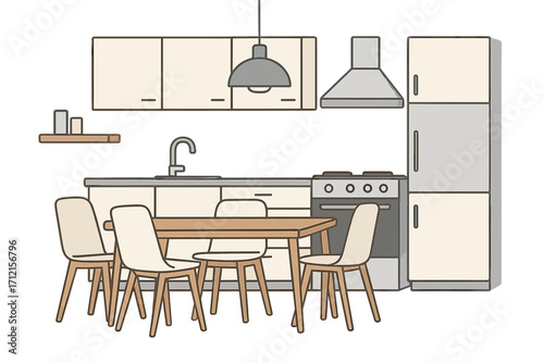 Modern kitchen dining room interior. Home furniture and appliance concept. Vector illustration with table, chairs, stove, sink, cabinets. Minimalist cartoon background.