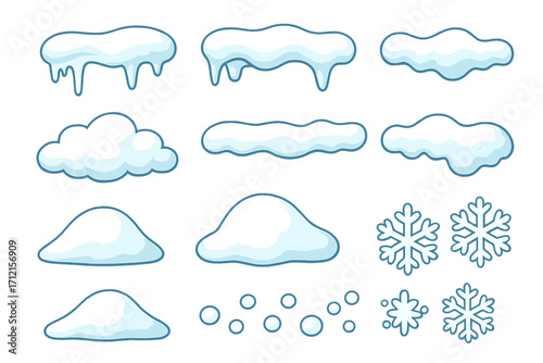 Cartoon snow cap and icicle set. Winter clip art collection with snowflakes, clouds, and snowdrifts. Frozen ice elements for Christmas and holiday decoration. Vector art.